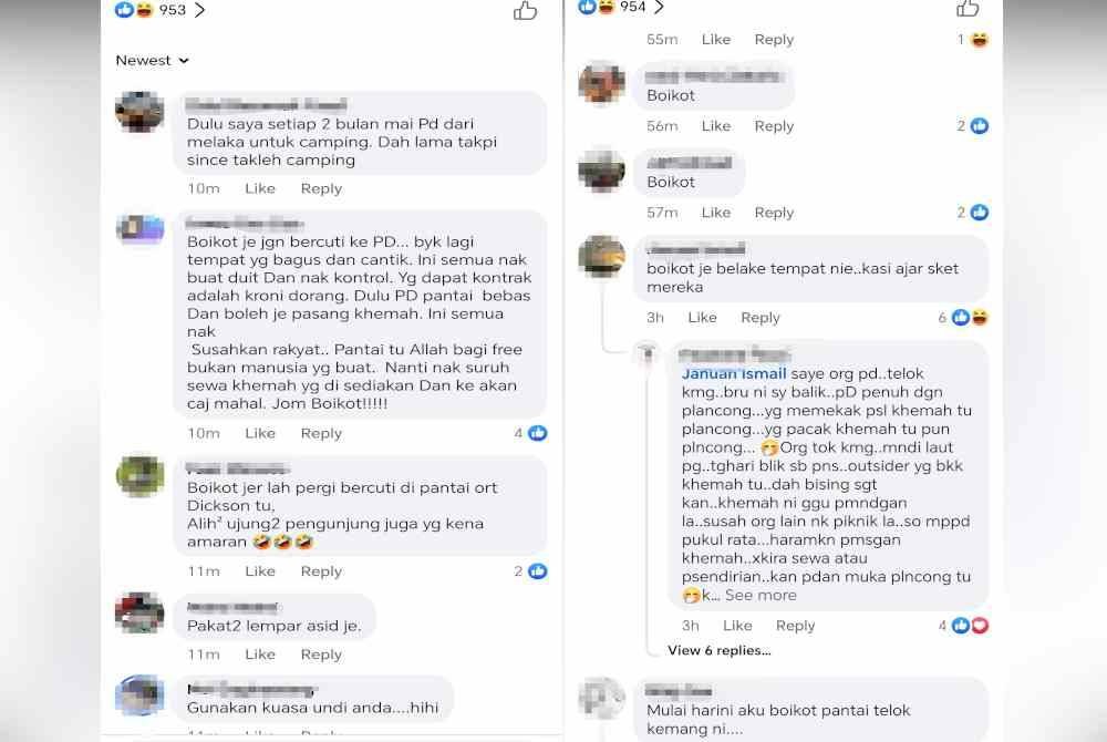 Antara komen - komen netizen berhubung peraturan larangan memasang khemah di pantai Port Dickson