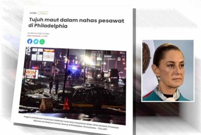 Laporan Sinar Harian berhubung nahas pesawat yang terhempas pada petang Jumaat di timur laut Philadelphia. Gambar kecil: Claudia Sheinbaum