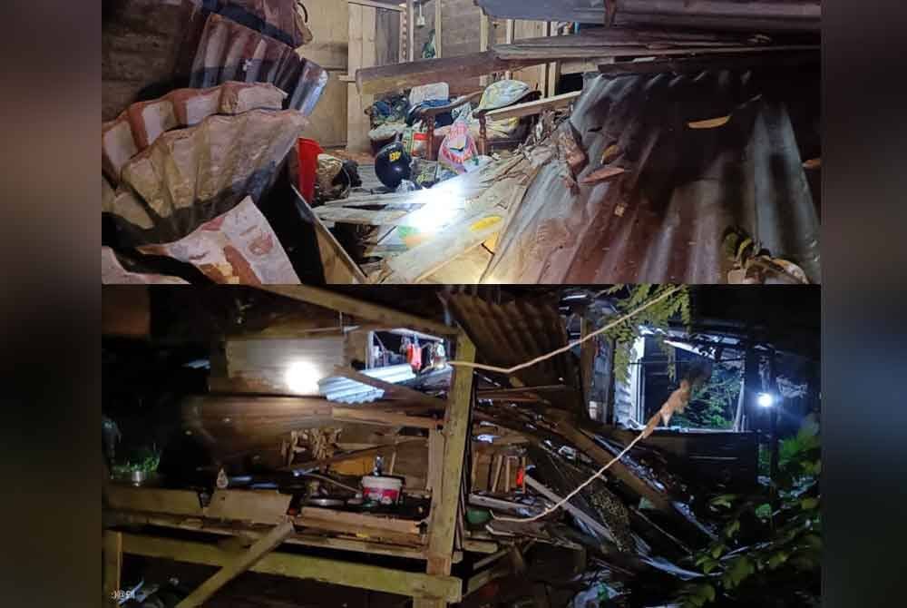 Keadaan rumah milik penduduk yang musnah dalam kejadian serangan gajah di kampung orang asli dekat Pos Perwor, Sabtu lalu. Foto ihsan pembaca