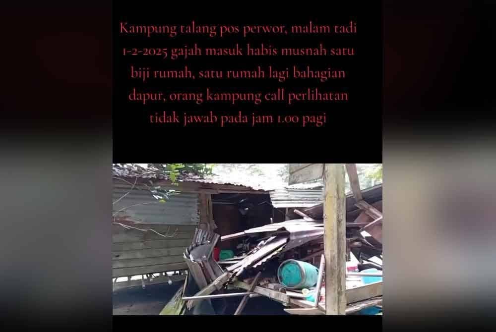 Tangkap layar video menunjukkan keadaan sebuah rumah yang musnah dalam serangan gajah dan penduduk mendakwa tiada tindakan diambil oleh pihak Perhilitan di Sungai Siput. Foto ihsan pembaca