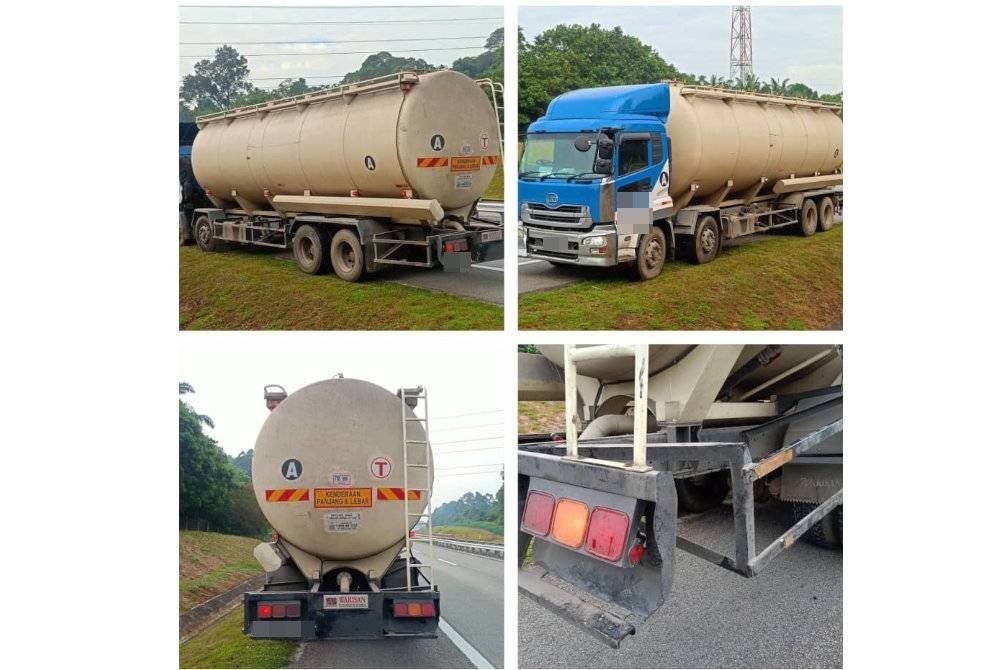 Lori tangki yang dirempuh oleh Perodua Myvi dinaiki tiga sekawan. Foto ihsan polis