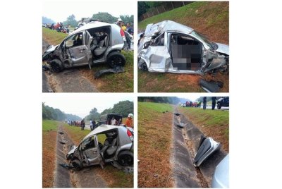 Keadaan Perodua Myvi remuk akibat melanggar bahagian belakang lori tangki. Foto ihsan polis