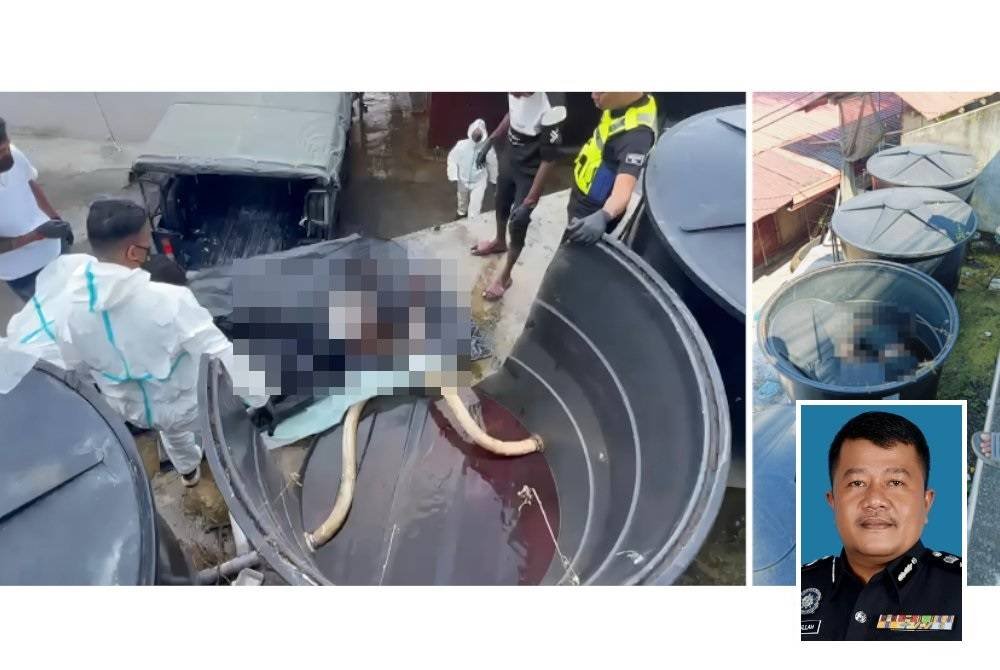 Mayat lelaki berusia 51 tahun itu ditemui orang awam dalam tangki simpanan air di Pulau Pangkor. Foto PDRM (Gambar kecil: Hasbullah)