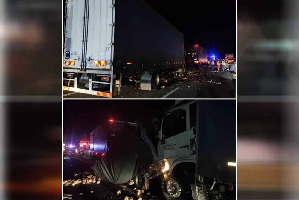 Kejadian ini melibatkan tiga lori masing-masing membawa muatan makanan kek, muatan kelapa seberat tiga tan yang dinaiki tiga beranak berkenaan dan muatan polisterin.