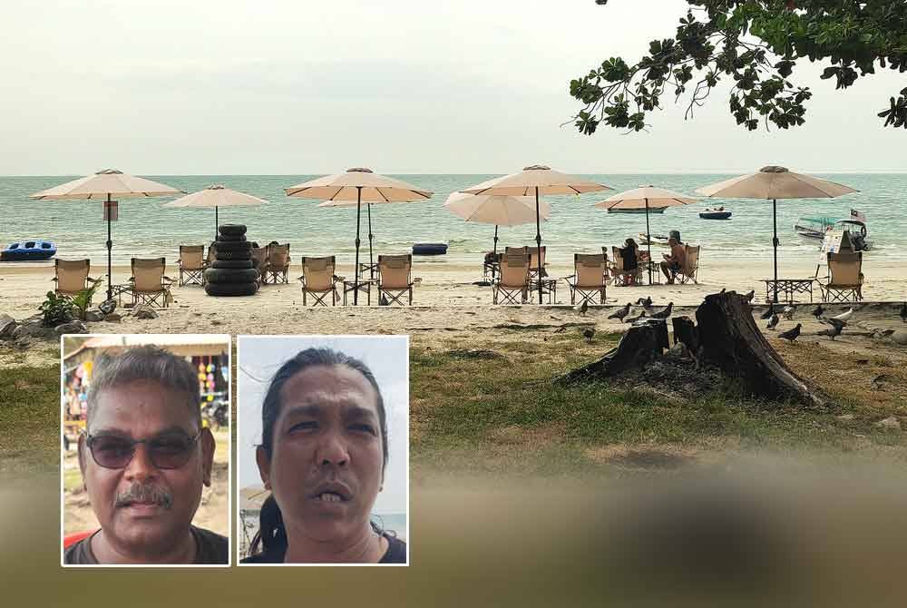Pemandangan Pantai Teluk Kemang yang dikatakan pengusaha lengang berbanding cuti sekolah sebelum ini. Gambar kecil dari kiri: Jiva, Mohd Fasly