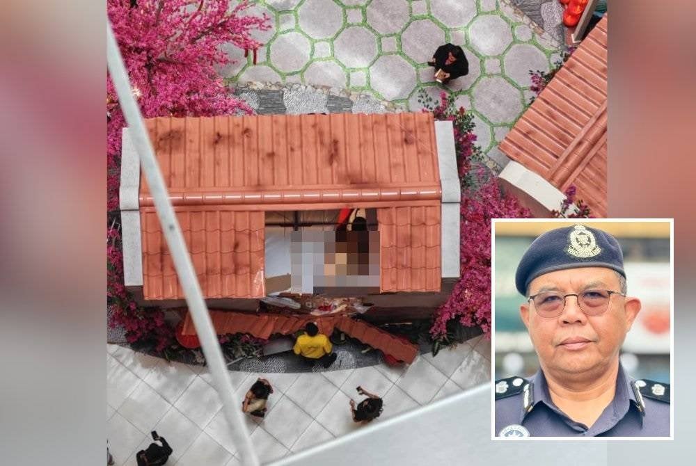 Mangsa terjatuh dari tingkat tujuh sebuah pusat beli-belah di Persiaran Gurney dan menghempap replika dekorasi Tahun Baharu Cina yang berada di tingkat G. (Gambar kecil: Abdul Rozak)