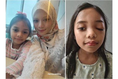 Aimie Nadia (kanan) dan anaknya Nur Faziqqyah Alina (kiri). (Gambar kanan: Nur Faziqqyah Alina yang menghidap penyakit Sinusitis atau radang pada rongga sekitar saluran hidung tahap kronik.)