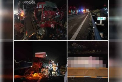 Bapa maut manakala dua anaknya cedera parah dalam kemalangan membabitkan tiga buah lori di kilometer 230.3 Lebuhraya Utara-Selatan (PLUS) pada awal pagi Rabu. Foto PDRM