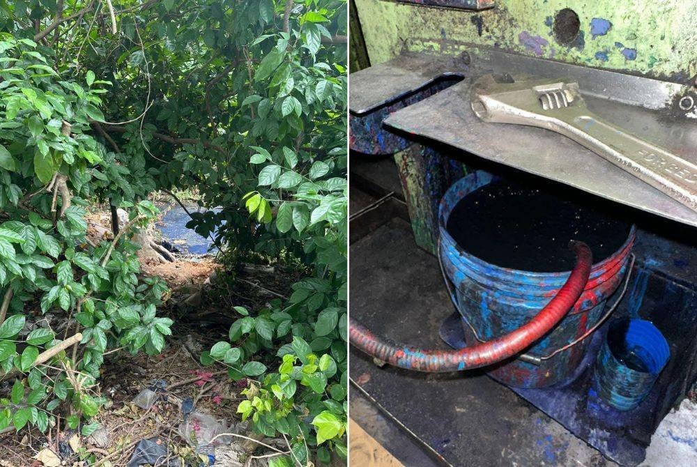 Aliran air biru dikesan pada Rabu (kiri), Sisa pewarna yang disyaki punca aliran air biru yang memasuki longkang berhampiran.