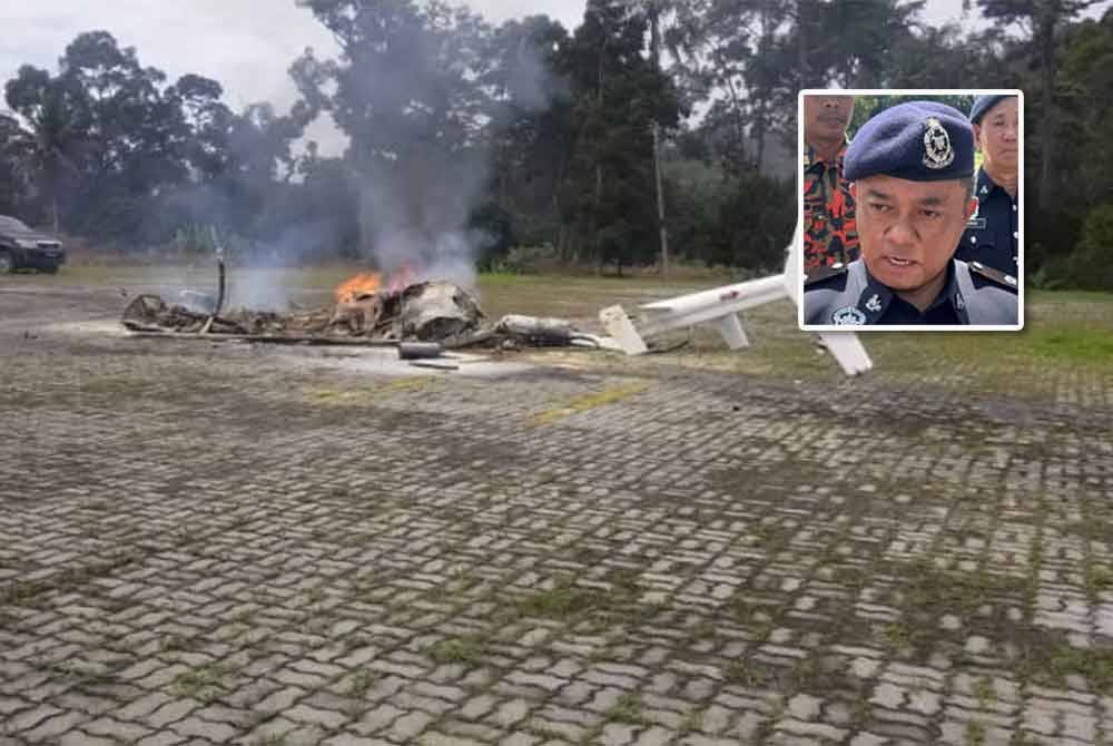 Kesan kebakaran pada sebuah helikopter yang terhempas dalam kejadian di Batu 9, Jalan Lama Bentong-Kuala Lumpur, Bentong pada Khamis. Gambar kecil: Zaiham