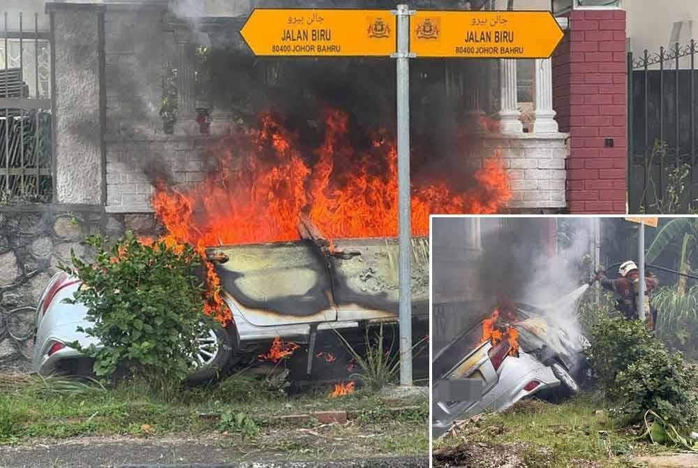 Anggota bomba cuba memadamkan kebakaran yang terbakar di Taman Rinting pada petang Khamis. Foto BBP Larkin