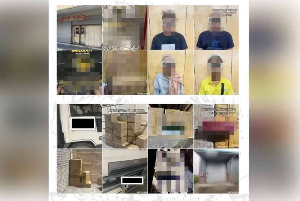 Antara suspek dan barangan yang dirampas dalam serbuan di tiga premis di Keningau, Sabah pada Isnin.