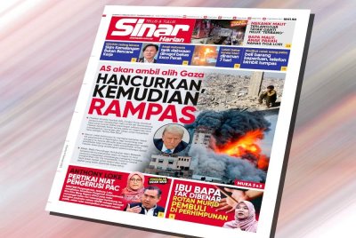 Laporan muka depan Sinar Harian berhubung hasrat Trump yang mahu mengambil alih Semenanjung Gaza selepas rakyat Palestin dipindahkan keluar ke negara lain.