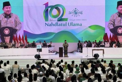 Prabowo ketika berucap sempena ulang tahun ke-102 Nahdlatul Ulama di Jakarta pada Rabu. Foto Agensi