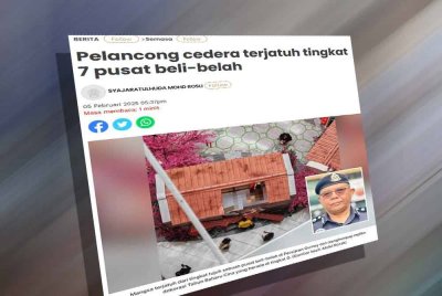 Laporan Sinar Harian pada Rabu mengenai pelancong cedera terjatuh tingkat 7 pusat beli-belah.
