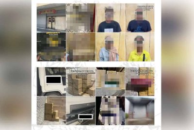 Antara suspek dan barangan yang dirampas dalam serbuan di tiga premis di Keningau, Sabah pada Isnin.