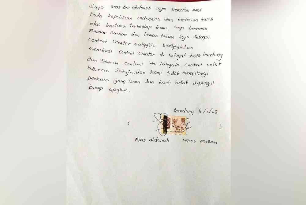 Surat permohonan maaf pempengaruh berkenaan yang diserahkan kepada polis. - Agensi