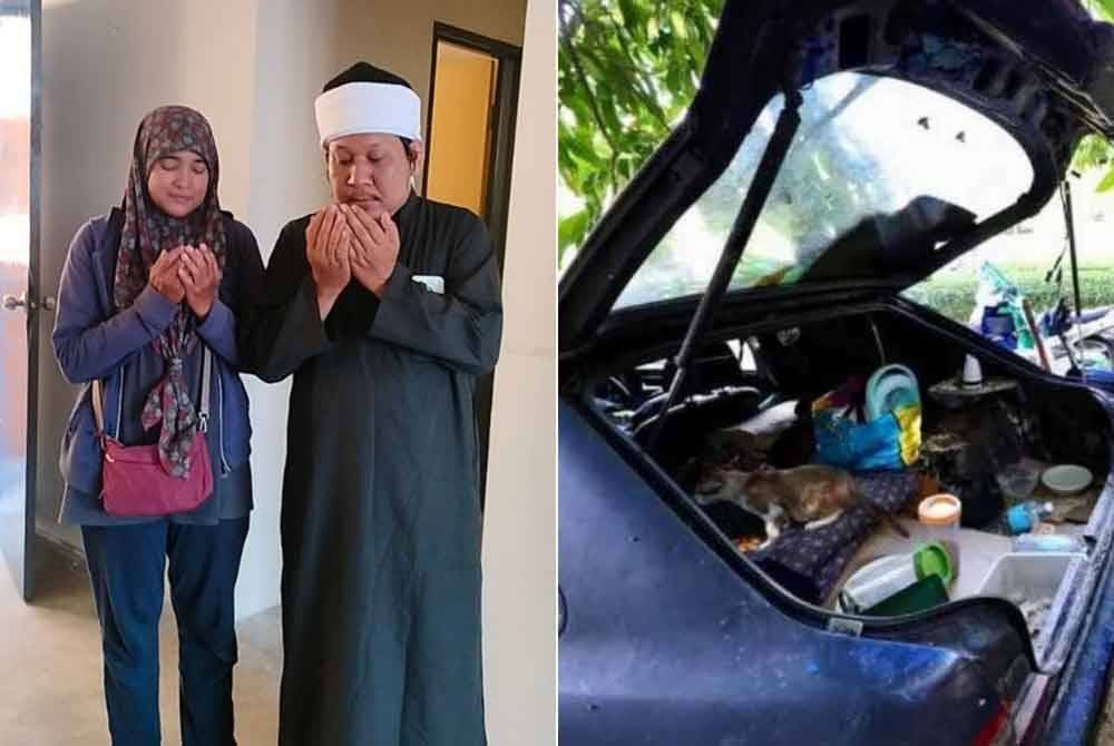 Faiq (kanan) bersama isteri Rohana bersyukur kerana kini mendiami rumah PPR Kempas Permai. Gambar kanan: Kereta terpakai Proton Wira Aeroback menjadi tempat dia dan isteri berteduh