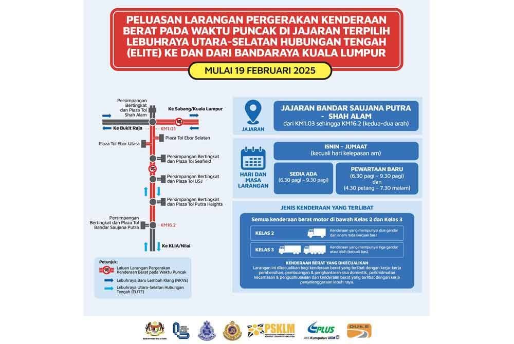 Peluasan larangan pergerakan kenderaan berat pada waktu puncak di jajaran terpilih ELITE ke dan dari bandar raya Kuala Lumpur.
