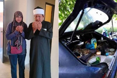 Faiq (kanan) bersama isteri Rohana bersyukur kerana kini mendiami rumah PPR Kempas Permai. Gambar kanan: Kereta terpakai Proton Wira Aeroback menjadi tempat dia dan isteri berteduh
