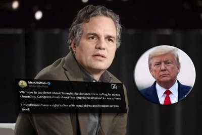 Mark Ruffalo membidas rancangan Trump untuk mengambil alih Gaza dan memindahkan rakyat Palestin. Gambar kecil: Hantaran Mark Ruffalo di akaun X.