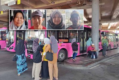 Orang ramai beratur dan menunggu untuk masuk menaiki Bas.My. Gambar kecil dari kiri: Mahani, Mohd Suhaimi, Nur Maliha, Ahmad Maliki