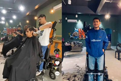 (Kiri) Mohamad Arif menggunakan kerusi khas untuk membantunya berdiri. (Kanan) Lumpuh separuh badan tidak menghalang Mohamad Arif memberikan perkhidmatan gunting rambut kepada pelanggan.