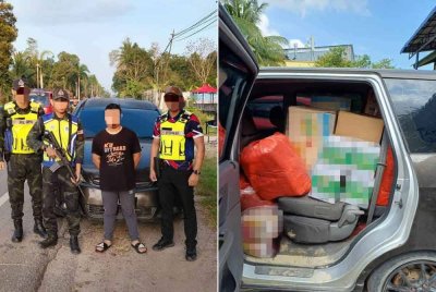 Anggota PGA menahan sebuah kenderaan yang membawa barangan runcit dan seorang lelaki semasa melalui SJR di Kampung Kubang Panjang, Tumpat.
