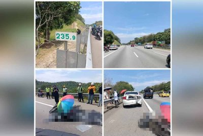 Penunggang motosikal maut selepas dipercayai melanggar sebuah kereta yang sedang menukar lorong dalam kejadian di kilometer 235.9 Lebuhraya Utara-Selatan (Plus) arah utara di sini pada Ahad.