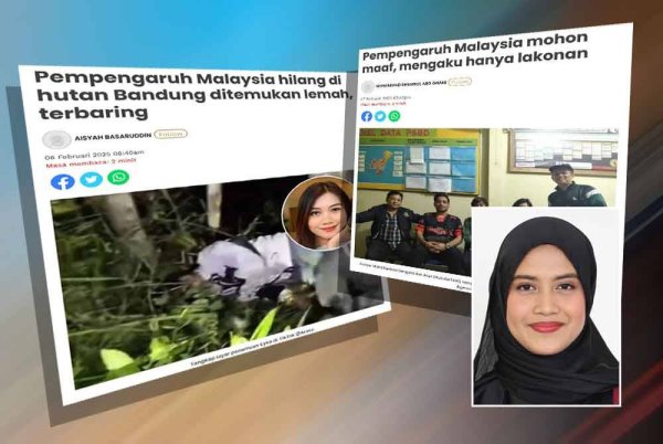Laporan Sinar Harian mengenai pempengaruh yang membuat kandungan media sosial mendakwa kehilangan teman mereka di sebuah hutan di Kota Bandung, Indonesia. Gambar kecil: Umairah Farisah