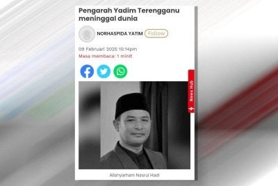 Polis mengesahkan kematian Pengarah Yayasan Dakwah Islamiah Malaysia (Yadim) Terengganu, Nasrul Hadi Saidi, 48, berpunca daripada serangan jantung.