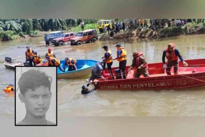 Pasukan penyelamat mengangkat mayat mangsa ke dalam bot selepas ditemui tertimbus di dasar sungai kira-kira satu kilometer dari lokasi dia terjatuh di Sungai Kampung Badang, Jalan Cheroh dekat Batu Talam, Raub seminggu lalu. Foto JBPM Pahang, gambar kecil: Ahmad Khairul