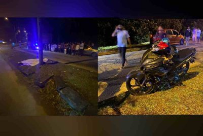 Seorang lelaki maut selepas motosikal ditunggangnya terbabas dan melanggar tiang elektrik di Jalan Pasir Putih, Taman Pasir Putih. Foto IPD Seri Alam