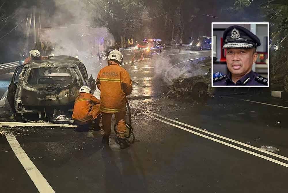 Kemalangan tersebut menyebabkan kedua-dua kenderaan musnah keseluruhannya. Gambar kecil: Sazalee