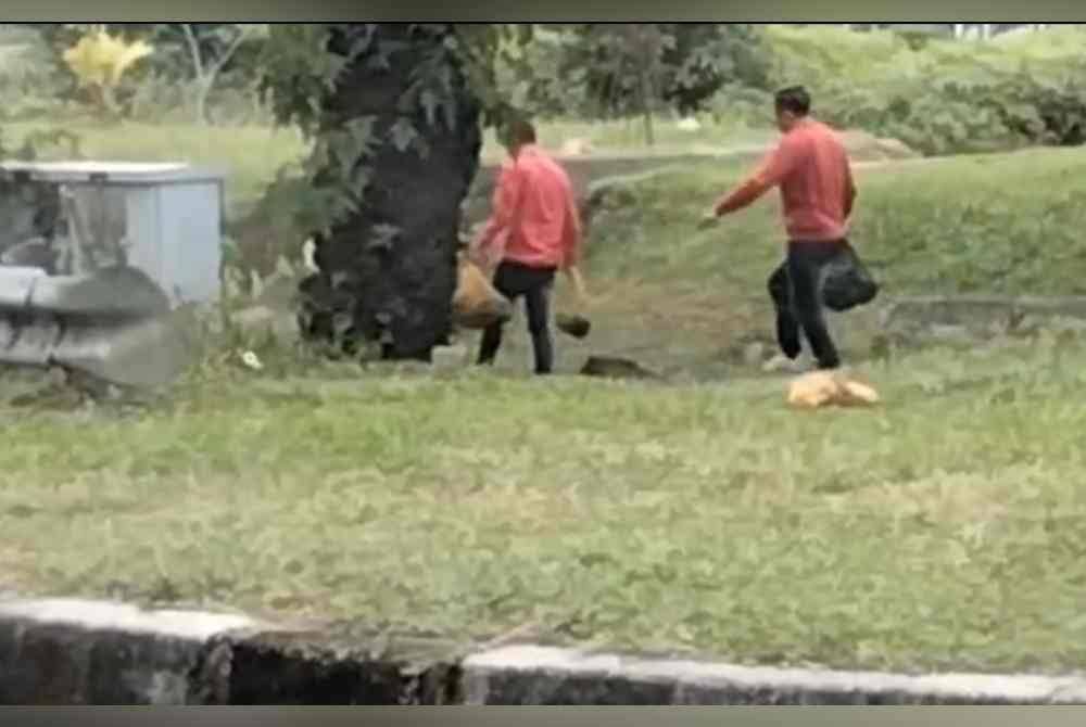 Tangkap layar rakaman dua individu membawa bungkusan berisi ular sawa sebelum dilepaskan dalam longkang di Jalan Persiaran Putra Permai, Putra Height.