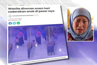 Laporan Sinar Harian mengenai wanita direman enam hari selepas mencederakan anaknya di sebuah pasara raya di Perlis. Gambar kecil: Nancy