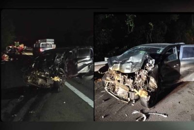 Sebuah kereta terbabas akibat mengelak kenderaan di hadapannya yang menukar lorong di KM226.1 Lebuhraya Utara Selatan arah selatan pada Selasa. Keadaan salah sebuah kenderaan berkenaan selepas kejadian.