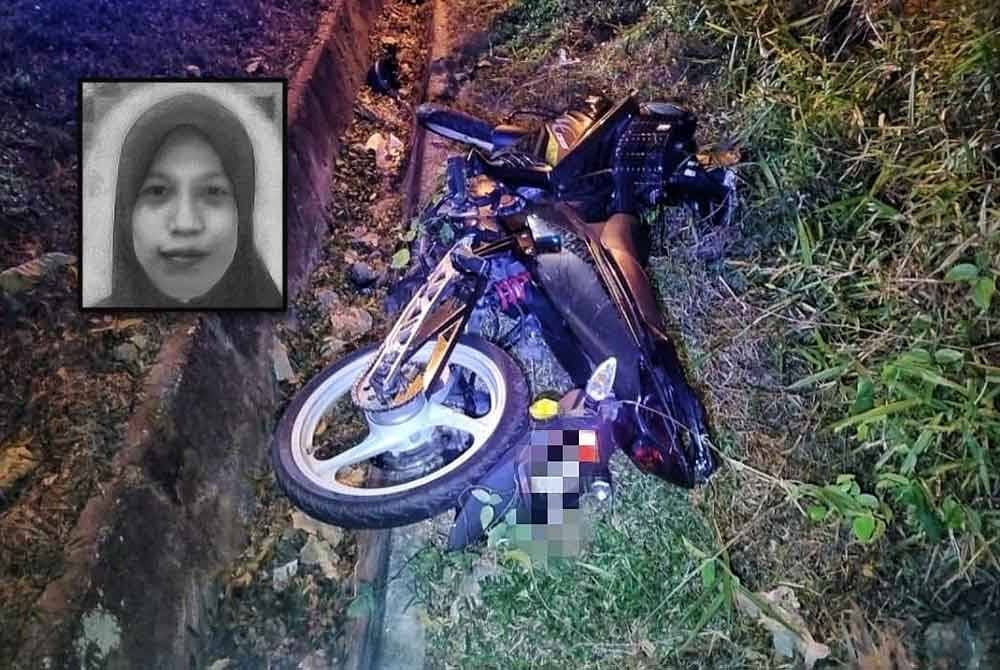 Motosikal ditungang mangsa yang terlibat dalam kemalangan di Kampung Pengkalan, Alor Gajah pada Rabu. Gambar kecil: NUR ERDIYANAH