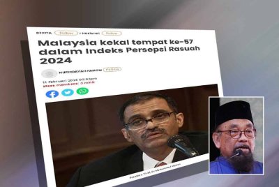Laporan Sinar Harian berkaitan Malaysia kekal tempat ke-57 dalam Indeks Persepsi Rasuah 2024. Gambar kecil: Barjoyai