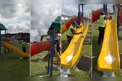 Anggota MPS melakukan kerja-kerja pembersihan dan menyertu peralatan permainan di lokasi terbabit. - Foto: FB Meng Abramam.