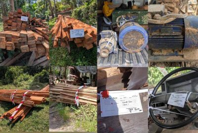 Kayu balak serta pelbagai jenis mesin dianggarkan bernilai RM2.28 juta dirampas dalam serbuan di sebuah kilang kayu yang disyaki beroperasi secara haram di Kampung Sebidang, Tumpat, semalam. Foto Facebook Briged Tenggara PGA Rasmi