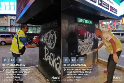 DBKL memadam contengan dan menurunkan 38 iklan haram di sekitar Bukit Bintang, Kuala Lumpur. Foto: Facebook DBKL
