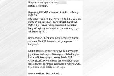 Seorang pengguna mempersoalkan tindakan pemandu bas yang tidak memulangkan baki tambang.