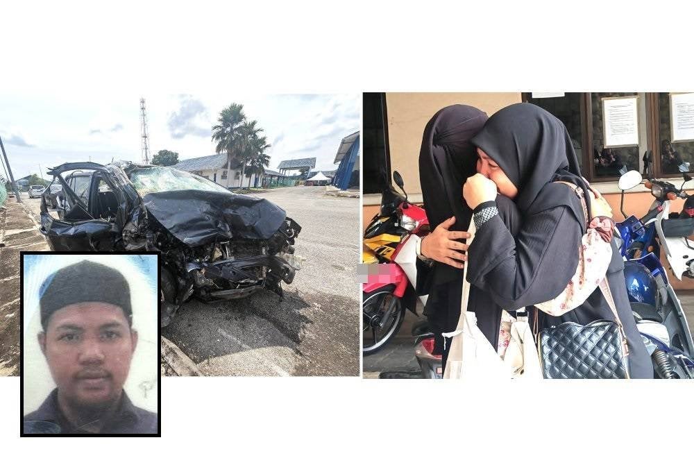 Keadaan kereta Perodua Axia yang dinaiki Mohd Najmuddin bersama tiga bekas anak muridnya. Gambar kanan: Ahli keluarga mangsa yang tiba di Unit Forensik Hospital Jempol tidak dapat menahan kesedihan.