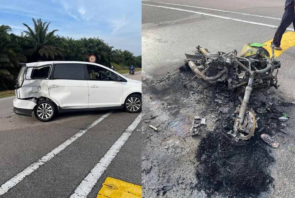 Keadaan MPV dan motosikal selepas terbabit dalam kemalangan jalan raya di Kilometer 43.1 Lebuhraya Senai Desaru.