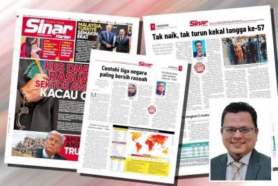 Laporan Sinar Harian pada Rabu berhubung kedudukan Malaysia yang tidak berubah dalam Indeks Persepsi Rasuah (CPI) 2024. (Gambar kecil: Muhammad Fathi)