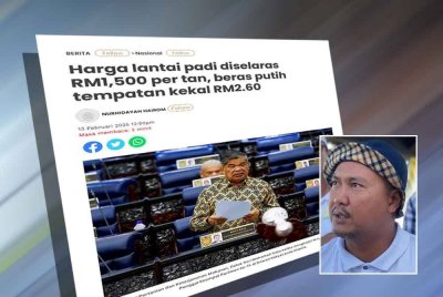 Laporan Sinar Harian berhubung penyelarasan harga lantai padi RM1,500 per tan, beras putih tempatan kekal RM2.60. Gambar kecil: Abdul Rashid