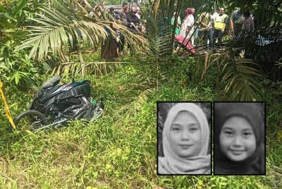 Keadaan motosikal dinaiki mangsa dalam kemalangan di Kilometer (km) 13, Jalan Gaung – Kuala Ping – Teris dekat Kampung Kepah, Hulu Terengganu pada Khamis. Gambar kecil dari kiri: Nursaidatul Aishah, Wan Nur Izara Aina