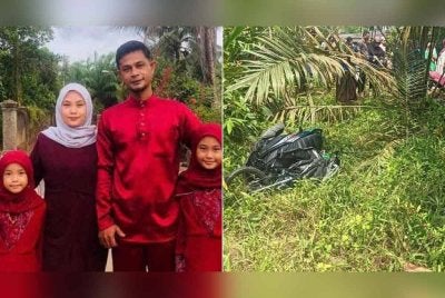 Tun Mohd Khairul bersama isteri, Nursaidatul Aishah dan dua anak, Wan Nur Izara Aina (kanan) dan Tun Nur Ufaira Afifa (kiri). Gambar kanan: Mangsa maut dalam kemalangan bersama anak sulungnya di Kampung Kepah.