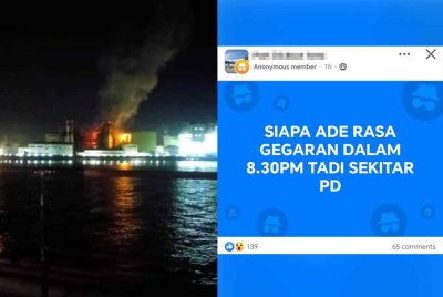 Jelas kelihatan api sedang marak di Stesen Janakuasa Tuanku Jaafar. Foto ihsan pembaca. (Gambar kanan: Persoalan diajukan warganet di kumpulan Facebook Port Dickson)